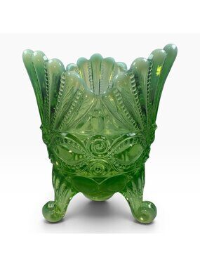 Vintage Inspired Mosser Eye Winker Green Glass Footed Spooner Bowl  Intricate Em